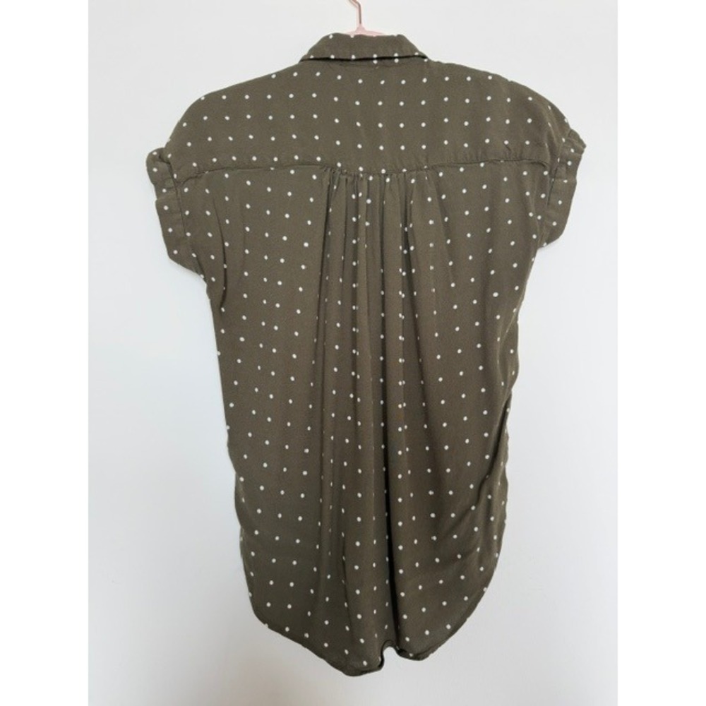 Madewell Olive Green Polka Dot Blouse | Draped Henley Top | Size XS - Picture 7 of 10